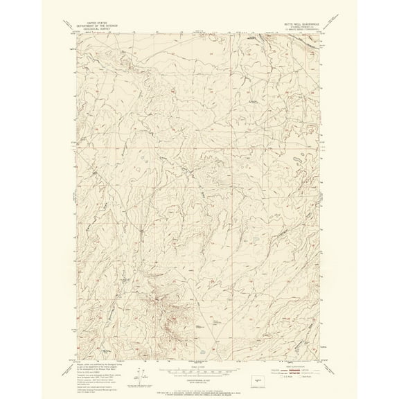 Topographical Map - Butte Well Wyoming Quad - USGS 1952 - Vintage Wall Art