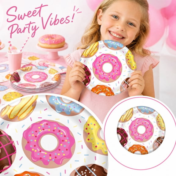 Donut Paper Plates for Birthday Party Supplies, 9 Inch Disposable Party Plates for Dessert, Colorful Sturdy Plates for Student Shower, 10 Pack