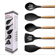 Silicone Cooking Utensils Set - Kitchen Utensil Set with Holder, Non-Stick 446F Heat Resistant BPA Free Wooden Handle Cooking Utensil Set 5pcs