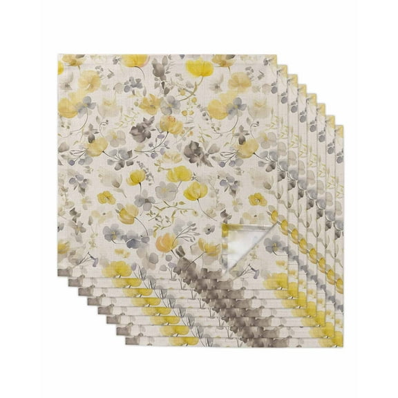 Yellow Grey Botanical Cloth Napkins Washable Set of 8, Spring Floral Watercolor Rustic Reusable Dinner Table Napkins Cloth Bulk for Weddings Kitchen Restaurants Hotel Events Parties 20 x 20 Inch