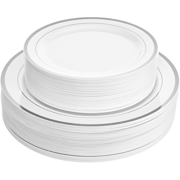 Aya's 60 Silver Rimmed Plastic Plates for Party, Heavy Duty Disposable Plate Set of 30 Dinner and 30 Dessert Plates for Weddings and Special Events, Fancy Disposable Tableware