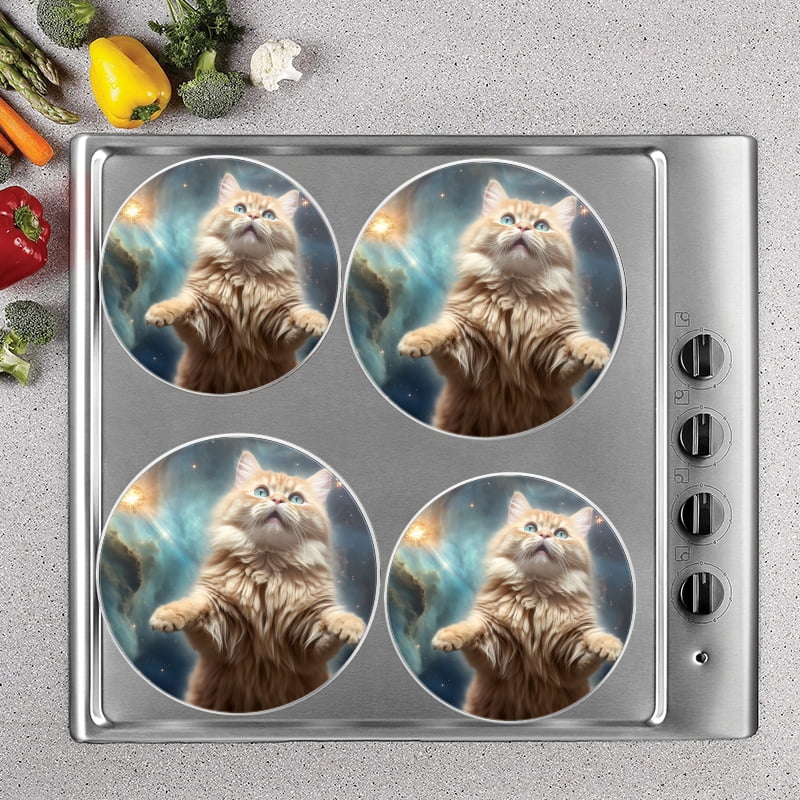 BaHomeck Electric Stove Burner Covers Set of 4,Round Metal Gas Stove Burner Covers 8 Inch and 10 Inch,Kitchen Decor,Fluffy Orange Cat With Blue Eyes Floating In Space