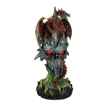 Dragon Skull Statue - Zeckos Double Headed Dragon On Stone Skull Statue Glowing LED Eyes