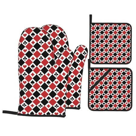 

Oven Mitts and Pot Holders 4 Piece Playing Cards High Heat Slip Resistant Oven Mitt and Trivets Set Kitchen Oven Glove Pot Holders for Cooking Baking Grilling