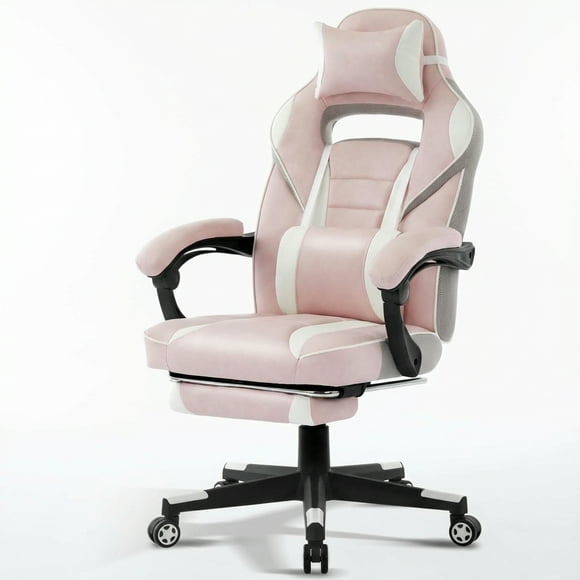MIUUKA Gaming Chair,Ergonomic High Back PU Leather Comfortable Desk Chair,Adjustable Height&360° Swivel&Retractable Footrest,Lumbar & Headrest Support,for Office,Bedroom,Game Room,Pink
