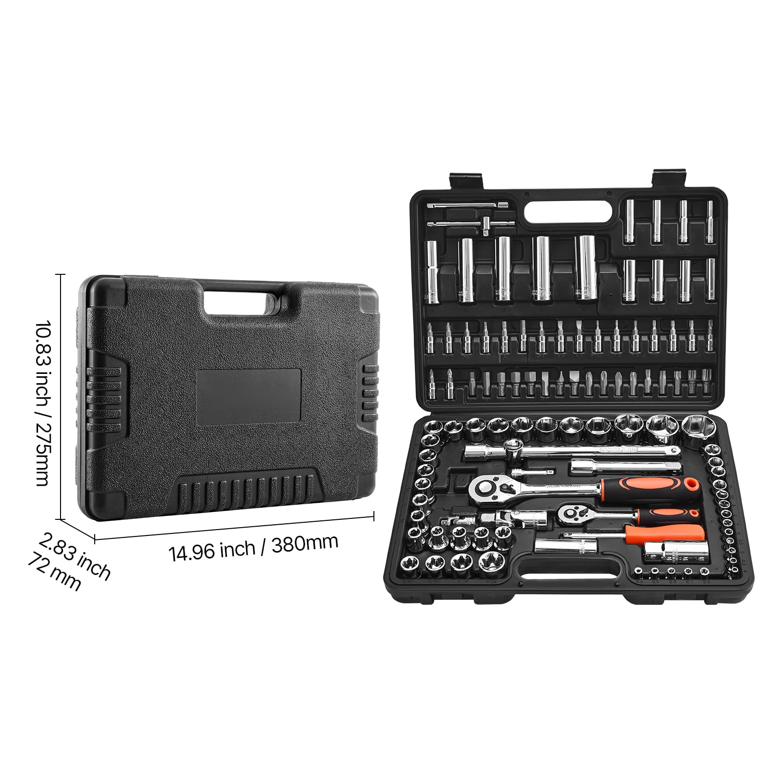 KFFKFF 108-Piece Socket and Ratchet Set, 1/4 & 1/2 Inch Drive, Metric Sizes 4-32 mm, Mechanic Tool Kit with Bits, Accessories, Durable Storage Case, CR-V Steel, Ideal for Automotive Maintenance