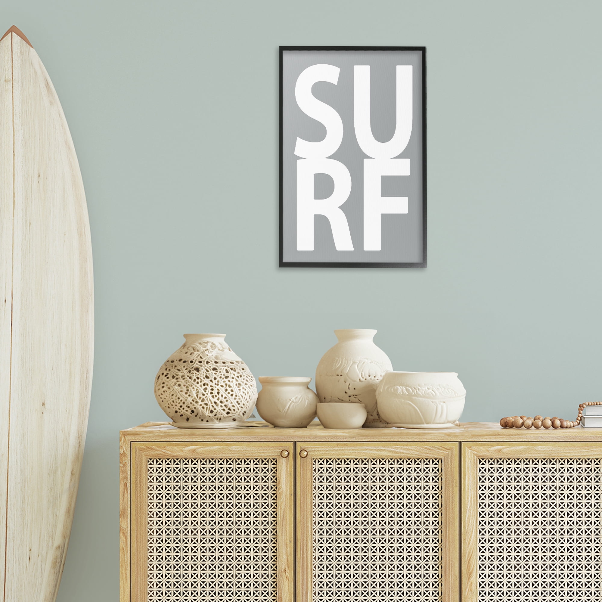 Stupell Industries Surf Word on Grey Typography Painting Black Framed Art Print Wall Art, 16 x 24