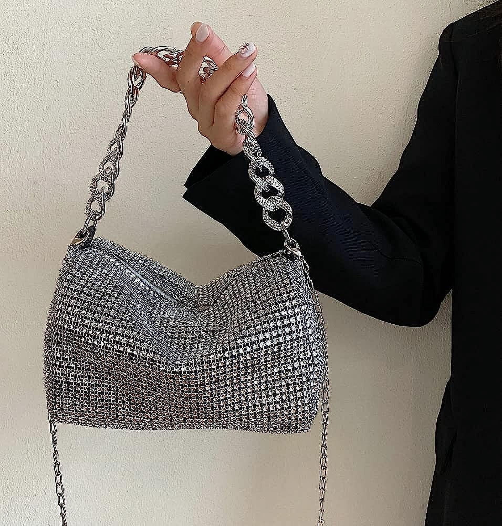 Kukuzhu Rhinestone Clutch for Women Sparkling Chain Evening Handbags Silver Purse Bling Hobo Handbag for Wedding Cocktail Party