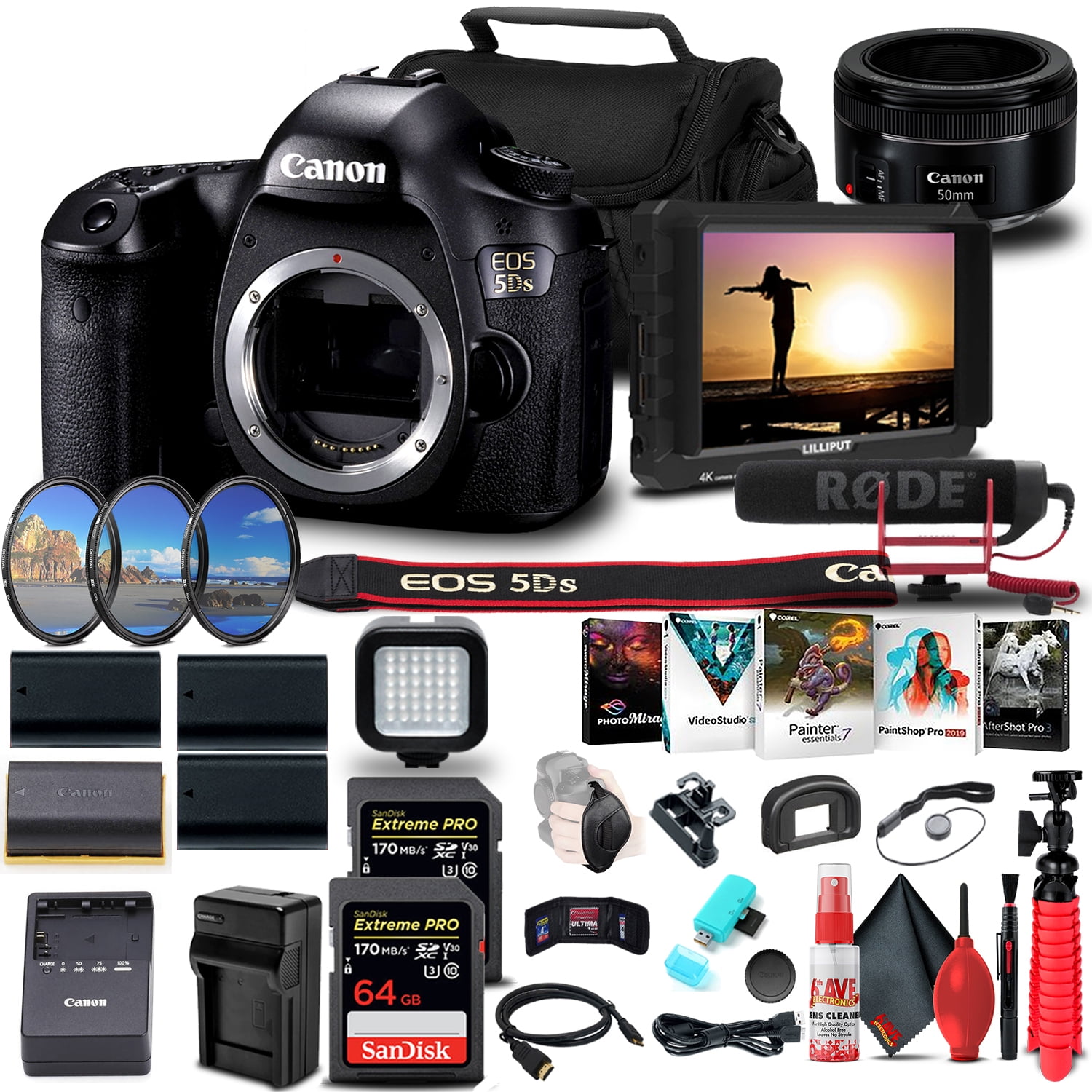 Canon EOS 5DS DSLR Camera Body Only 0581C002 4K Monitor Canon EF 50mm Lens Pro Mic 2 x 64GB Memory Card Filter Kit 3 x LPE6 Battery External Charger Card Reader International Model