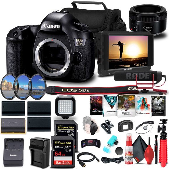 Canon EOS 5DS DSLR Camera Body Only 0581C002 4K Monitor Canon EF 50mm Lens Pro Mic 2 x 64GB Memory Card Filter Kit 3 x LPE6 Battery External Charger Card Reader International Model