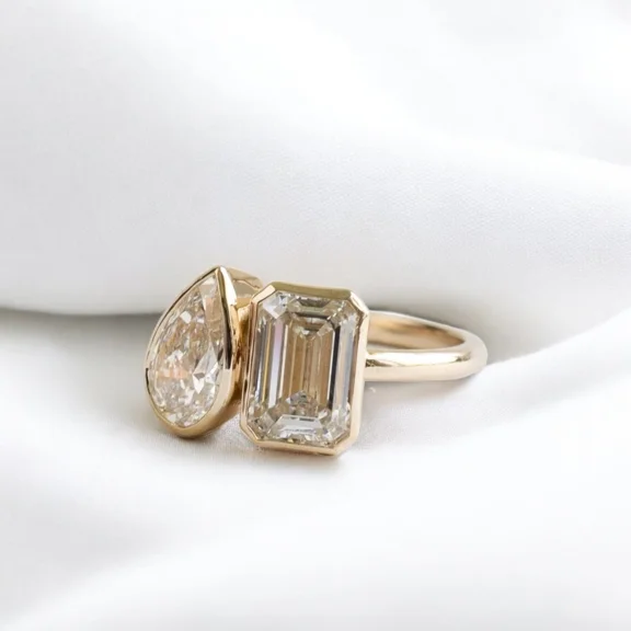 Pear Cut & Emerald Cut Lab Created Diamond Toi et Moi Ring 925 Sterling Silver Engagement Ring Women's