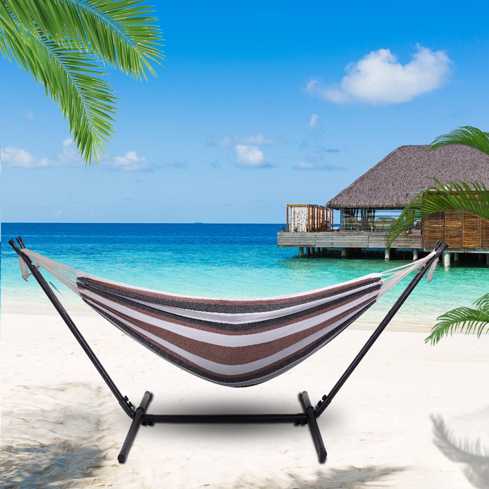 Professional Black Silver Flowers Steel Hammock Stand with Polyester Coffee Stripe Hammock 250LBS Weight Capacity Portable Hammock Set with Handbag & Manual for Outdoor Indoor Use