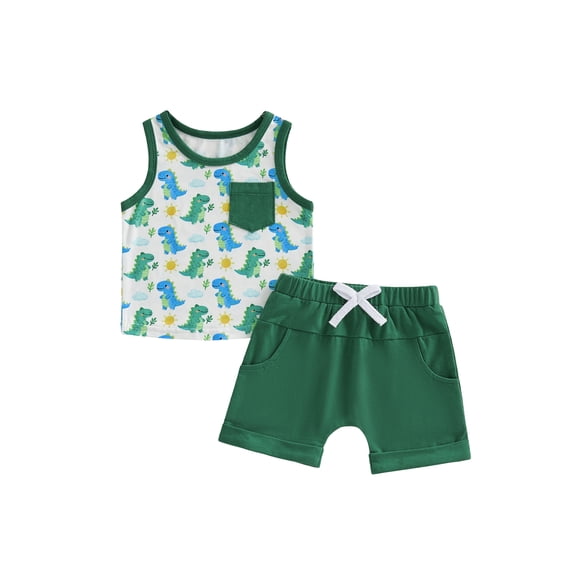 BemeyourBBs Toddler Boys Summer Clothes 2 Pieces Outfits Sailboat Tree Dinosaur Print Tank Top with Elastic Waist Shorts Set Toddler Boys Summer Beach Outfit