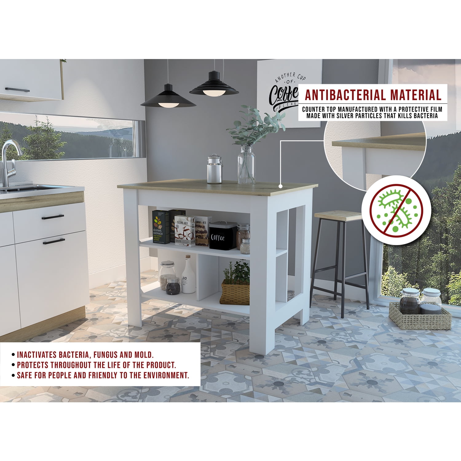TUHOME Cala Antimicrobial Kitchen Island White Light Grey