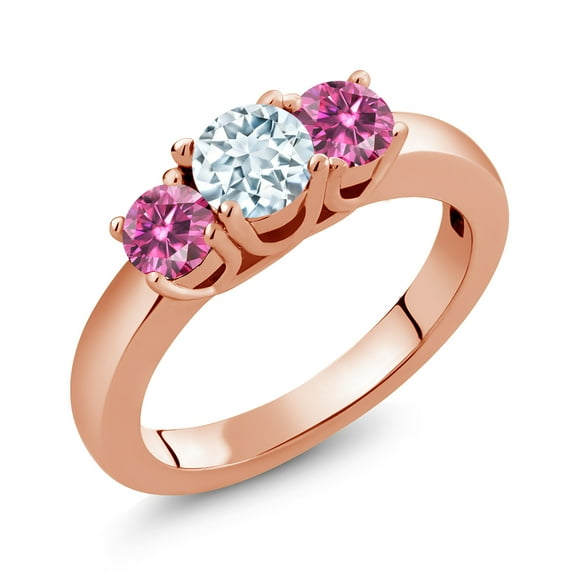 Gem Stone King 18K Rose Gold Plated Silver 3-Stone Ring Round Sky Blue Aquamarine and Vivid Pink Moissanite (0.96 Cttw, Size 7)
