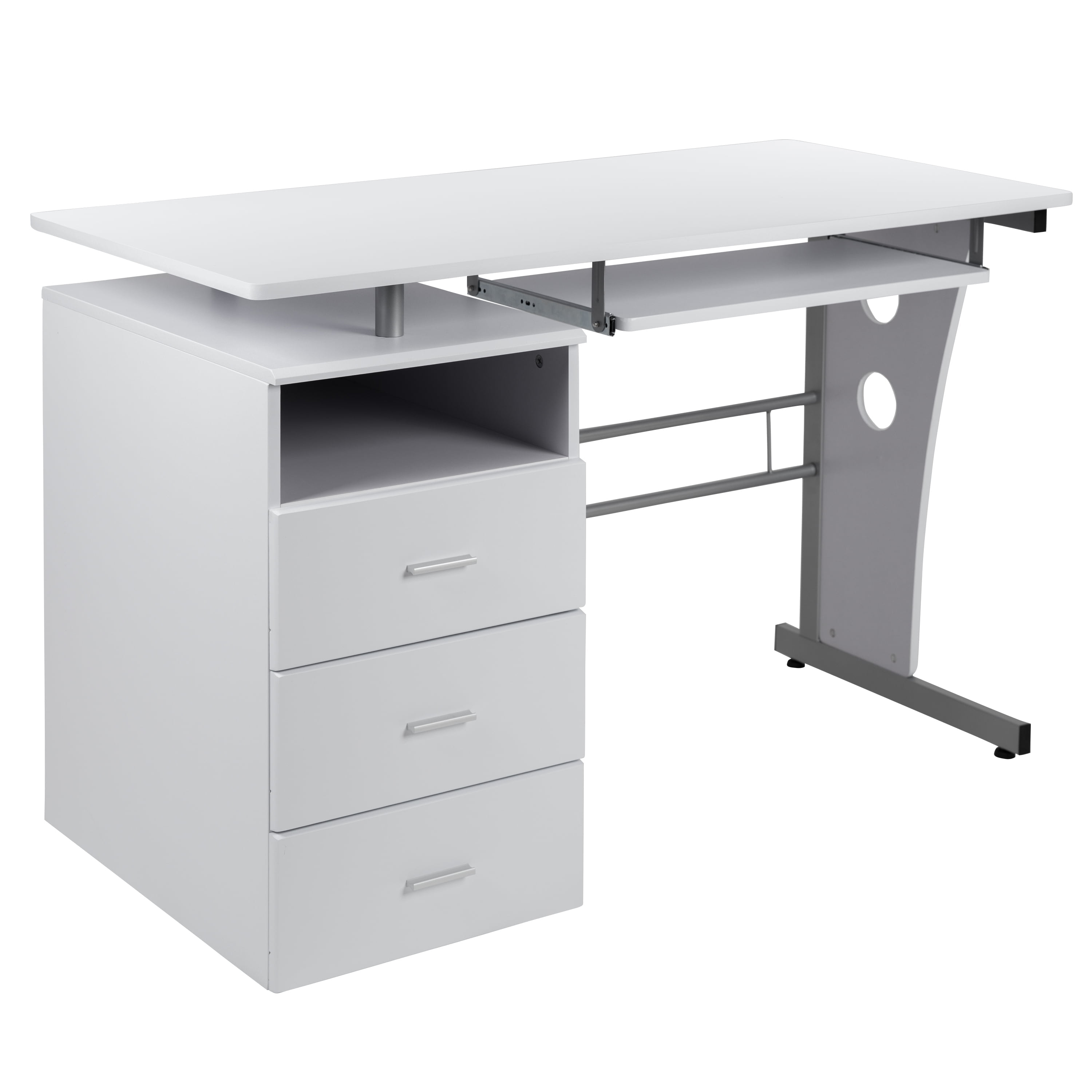 Emma + Oliver White Desk with Three Drawer Single Pedestal and Pull-Out Keyboard Tray
