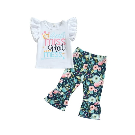 

Calsunbaby Kids Baby Girls Flying Sleeve Tops T shirt Flared Pants Flower Summer Clothing 2pcs Outfits Set White 6-12 Months