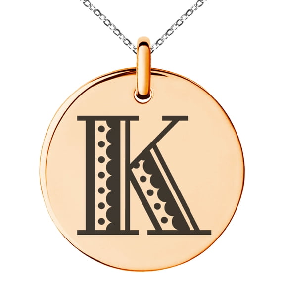 Stainless Steel Letter K Initial Metro Retro Monogram Engraved Small Medallion Circle Charm Pendant Necklace