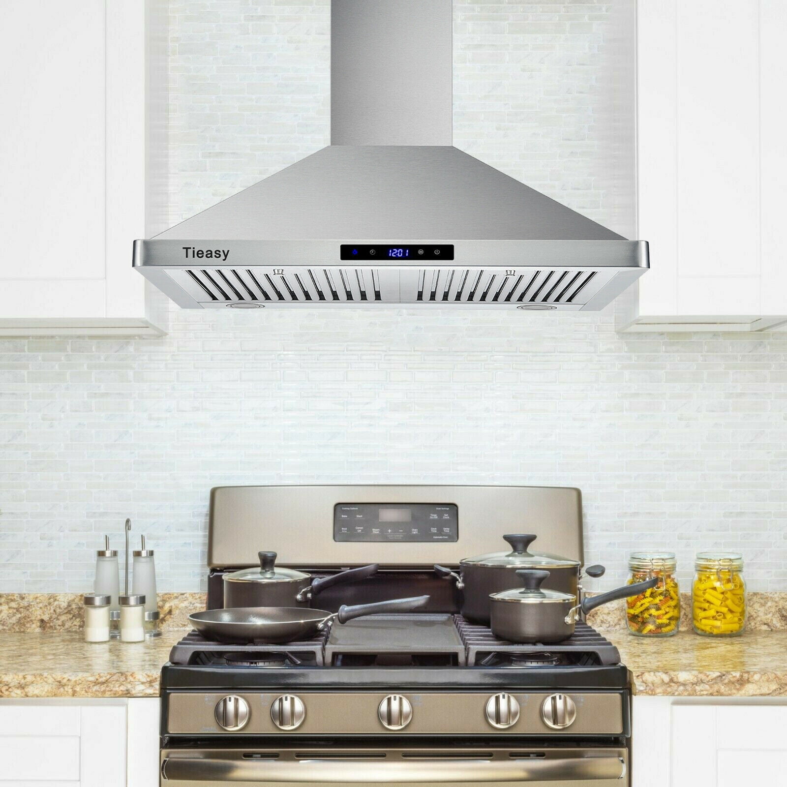 Wall Mount Range Hood 30 inch Kitchen Hood 700 CFM with Ducted/Ductless Convertible Duct, Touch Control, Permanent Filters, Stainless Steel, 3 Speed Exhaust Fan, LED Light