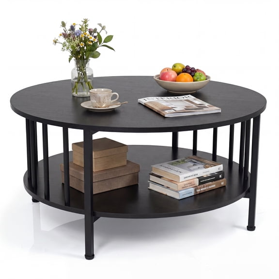 Gymax 32.5'' 2-Tier Round Coffee Table w/ Storage Shelf & Picketed Metal Accents Black