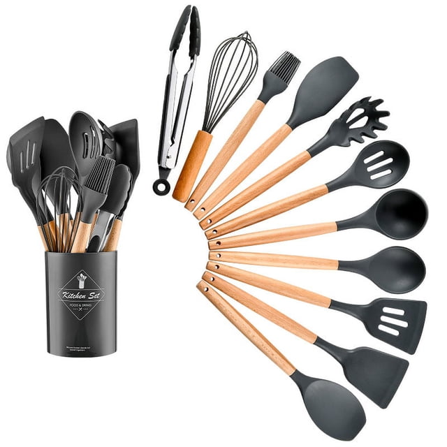 Utensilios de cocina de silicona con mango de madera de colores para el hogar, juego de 11 piezas, utensilios de cocina