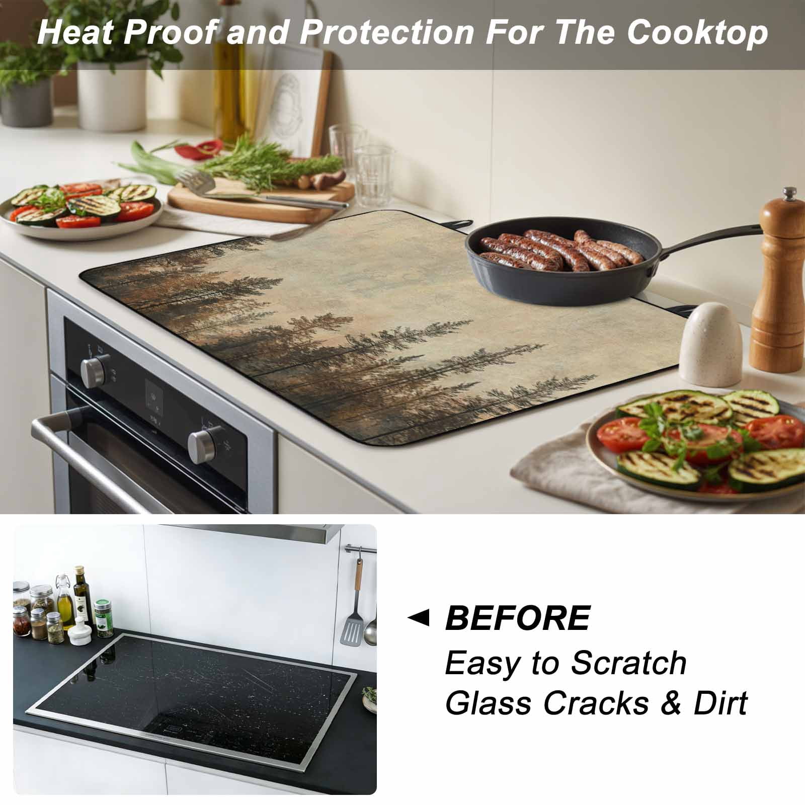 Brown Forest Stove Top Cover for Electric Stove, Heat-proof & Non Slip Glass Top Stove Cover Protector, Vintage Tree Farmhouse Botanical Kitchen Flat Cooktop Rubber Mat 24x21 Inches