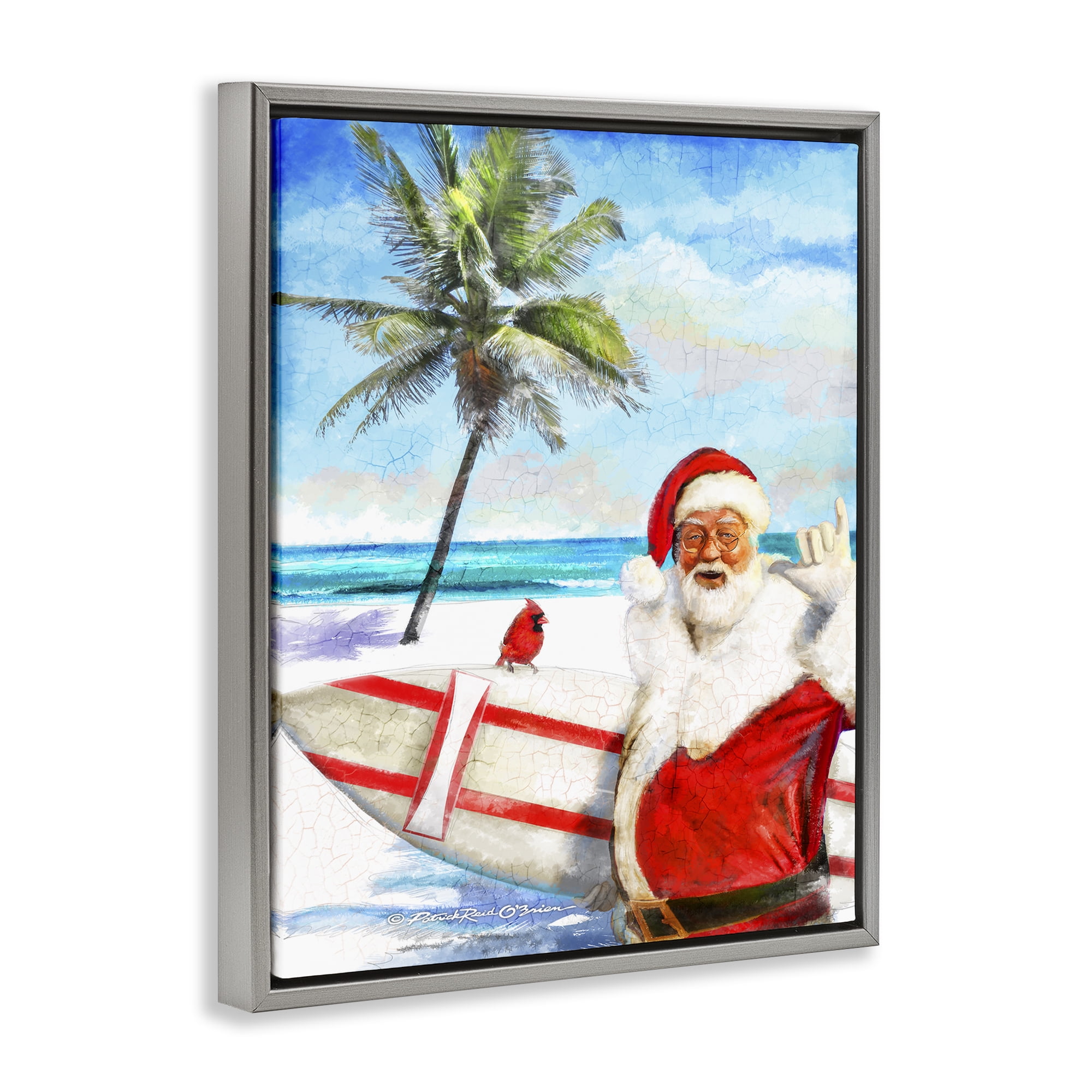 Stupell Industries Surfing Santa at Beach Holiday Painting Gray Floater Framed Canvas Art Prints Wall Art, 17 x 21
