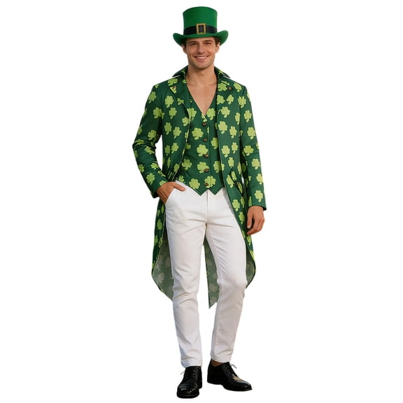 CONZONE St. Patrick Day Mens Elf Dress Up Green Clover Tailcoat And Hat Outfit Funny Party Stage Performance Clothes Set