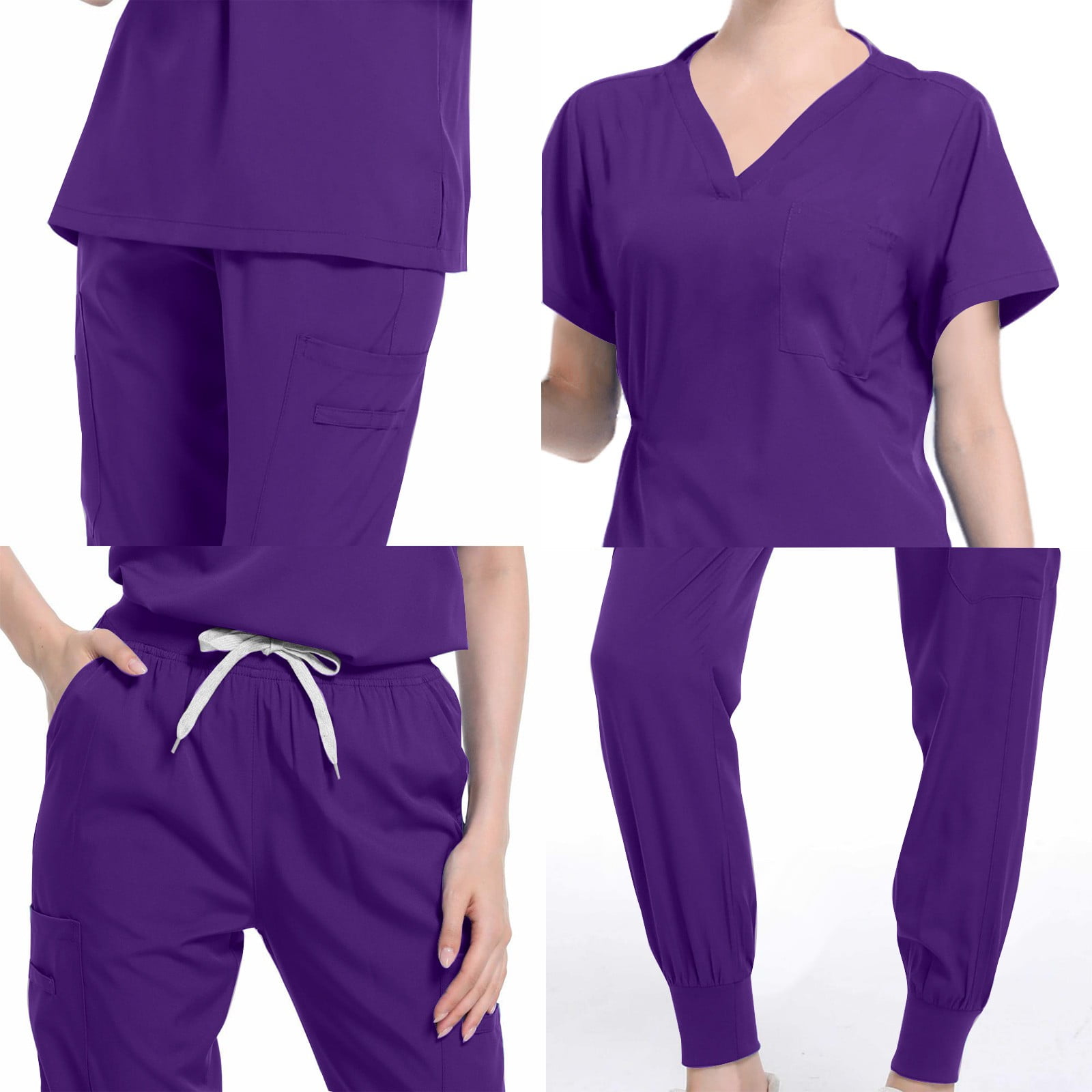 qolati Scrub Sets for woman 2024 Essential Jogger Scrub Suits Sets Nursing Uniform Stretch V-Neck Top & Drawstring Cargo Pants with Pockets Purple XXL 12