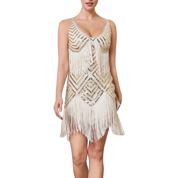 Women's 1920S Gatsby Dress V Neck Sequin Bead Fringed Hem Flapper Dress Beige L