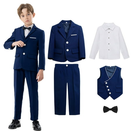 Boys Suit Kids 5 Piece Tuxedo Suit Set for Teen Boys Formal Dresswear Jacket Shirt Vest Pants and Tie Blue 9-10 Years