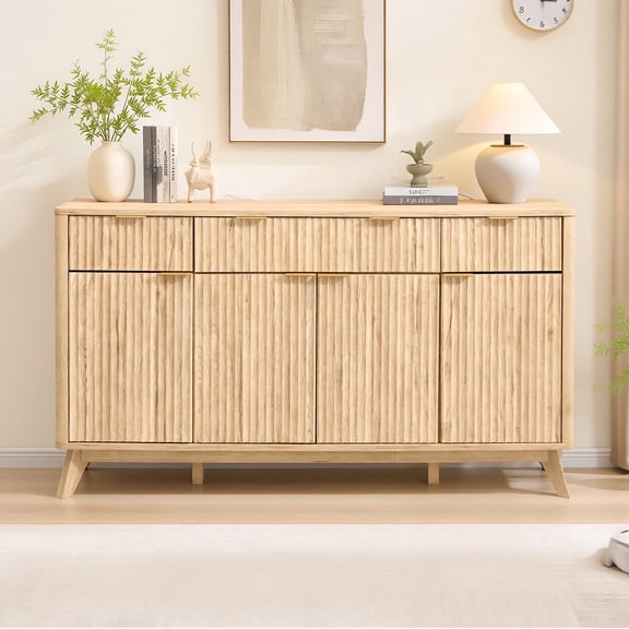 OKD 60" Buffet Storage Cabinet with 3 Drawers & 4 Doors, Modern Fluted Sideboard Buffet Storage Cabinet for Kitchen Dining Room, Natural Oak