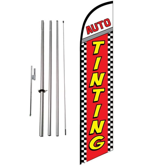 Auto Tinting checkered 15ft Feather Banner Swooper Flag Kit with pole & spike