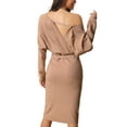 thumbnail image 3 of INSPIRE CHIC Robe Midi pour Femme Col en V Profond Manches Chauve-Souris Longues Ceinturée Robe Chandail Portefeuille L Kaki, 3 of 6