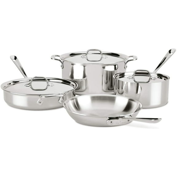 All-Clad 4007AZ D3 Stainless Steel Dishwasher Safe Induction Compatible Cookware Set, Tri-Ply Bonded, 7-Piece, Silver
