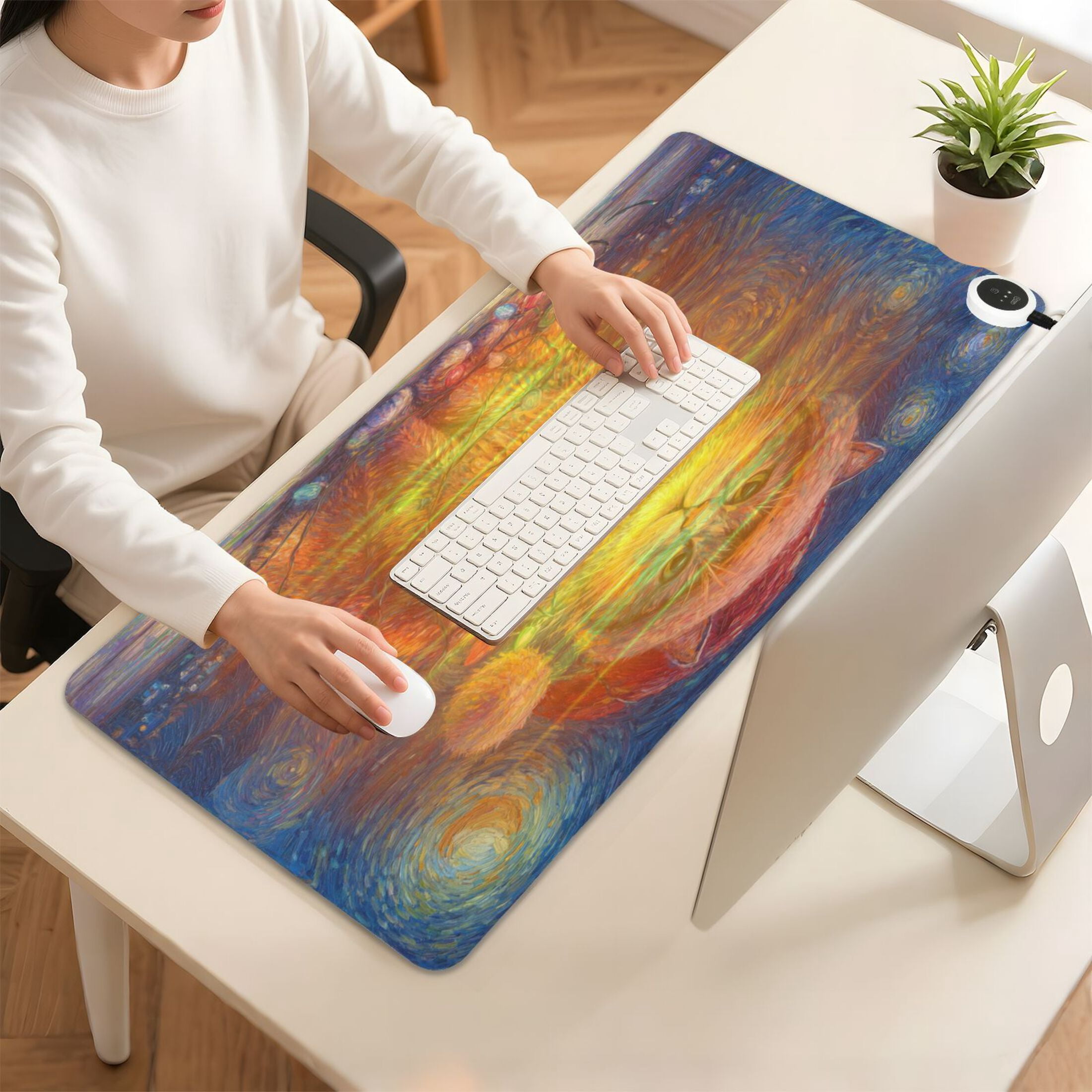Large Heated Desk Mat Mouse Pad 31.5"x13"PU Leather Graphene Heating Desk Warmer with 3 Temperature Settings 110V US Plug Non-Slip Warm Pad for Home, Office, and Gaming A Cat with Colorful Lights