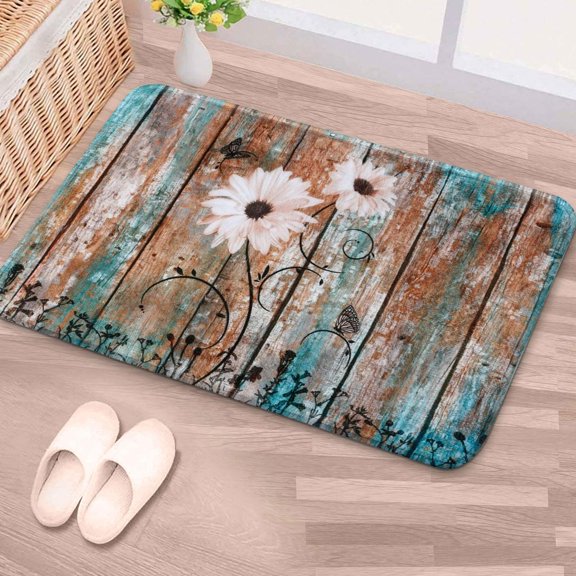 Bathroom Rug Mat, Rustic Bathroom Rug, Super Soft and Absorbent Shaggy Plush Flowers Bath Rugs, Carpet Mats for Shower, Rustic Wooden and White Floral Bathroom Mat, 24''''X16''''