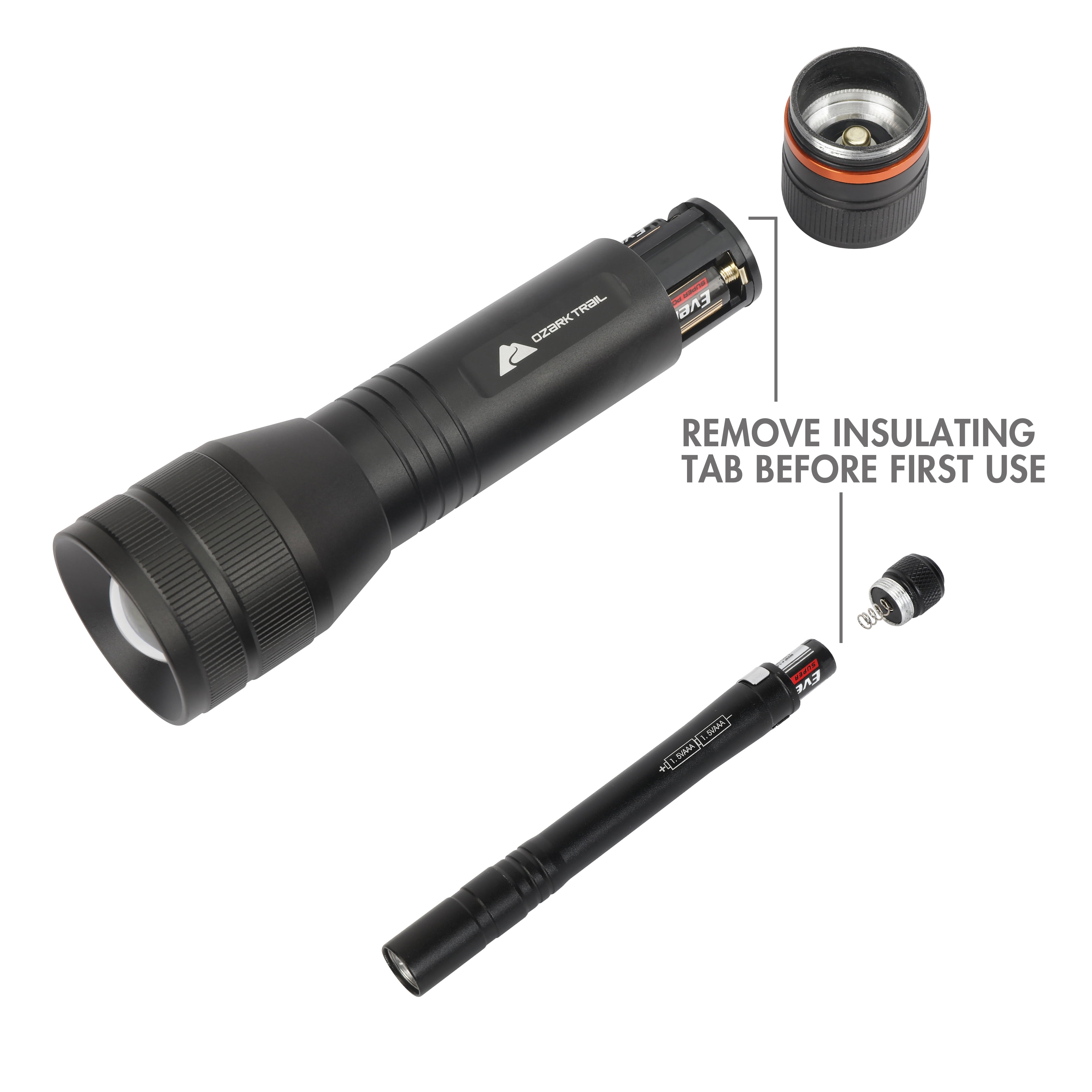Ozark Trail 1500 Lumen Focusing Flashlight with Bonus Penlight, Waterproof, Black