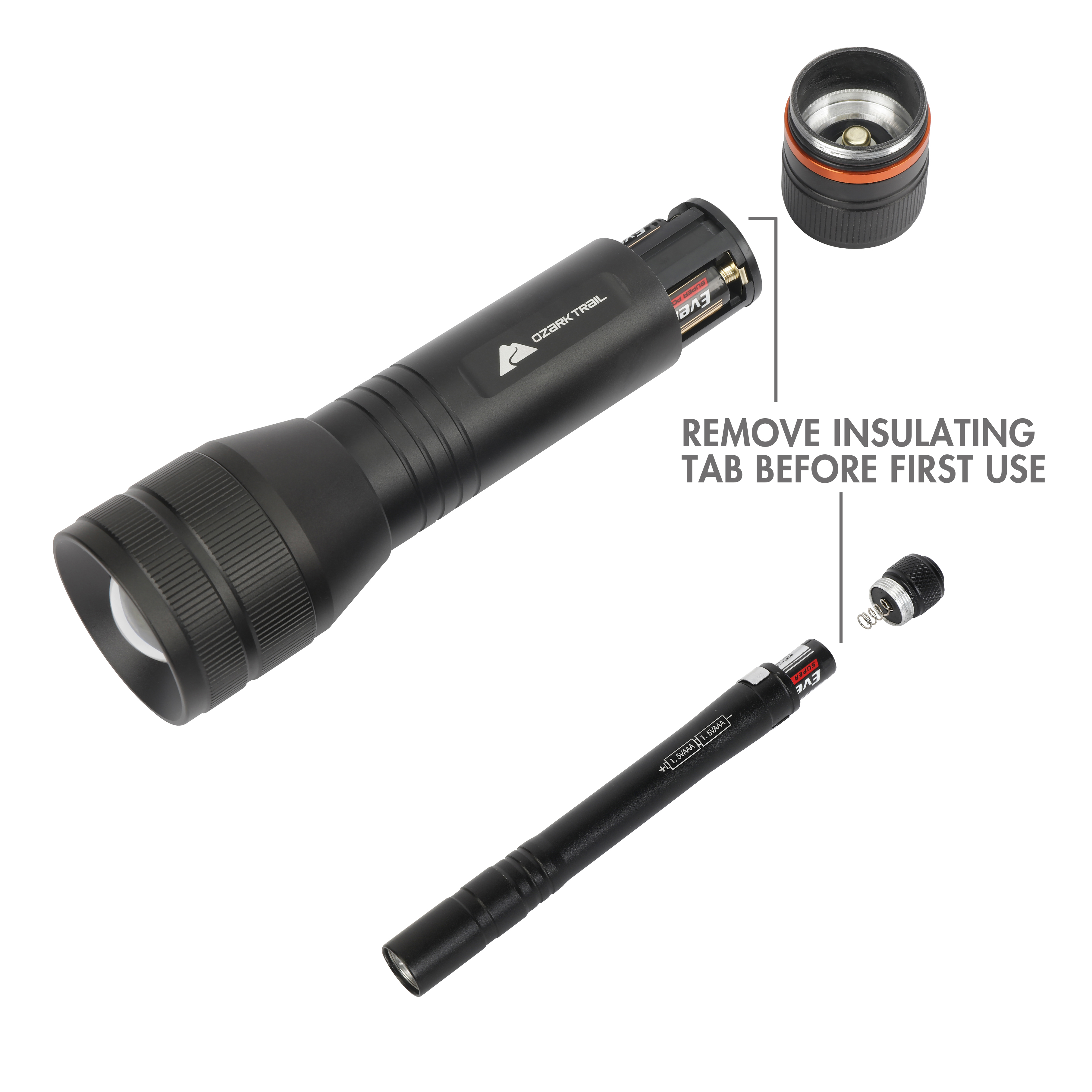 Linterna enfocable de 1500 lúmenes con bolígrafo de luz adicional, impermeable, negro 3