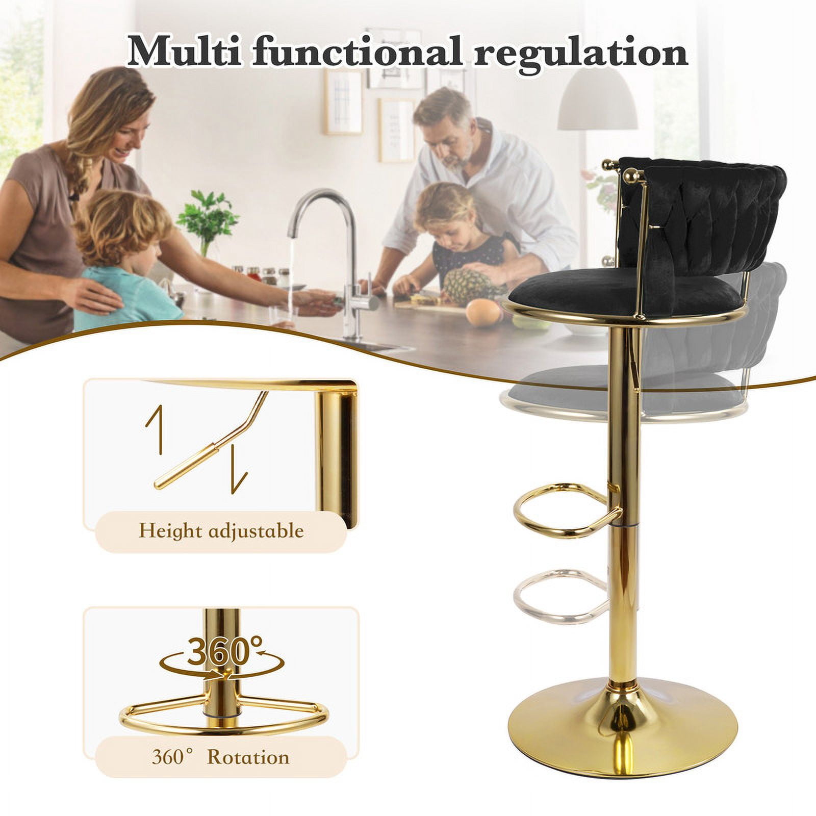 Hawsaiy Modern Velvet Bar Stool Set of 2 with Woven Back and Footrest for Kitchen, Bar, and Dining Spaces,Black