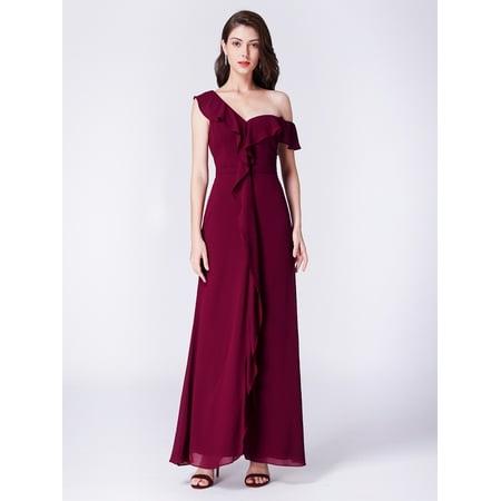 Fur Ruffle - Ever-Pretty Womens Long Burgundy Ruffles One Shoulder Chiffon Wedding Party Cocktail Bridesmaid Dresses for Women 07431 US 4