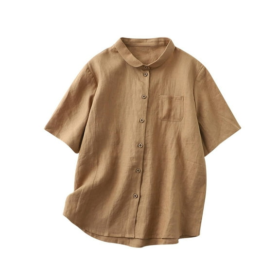 ZQUUVOU Linen Shirts For Women Casual Short Sleeves Turndown Collar Buttons Solid Color Blouse Loose Khaki