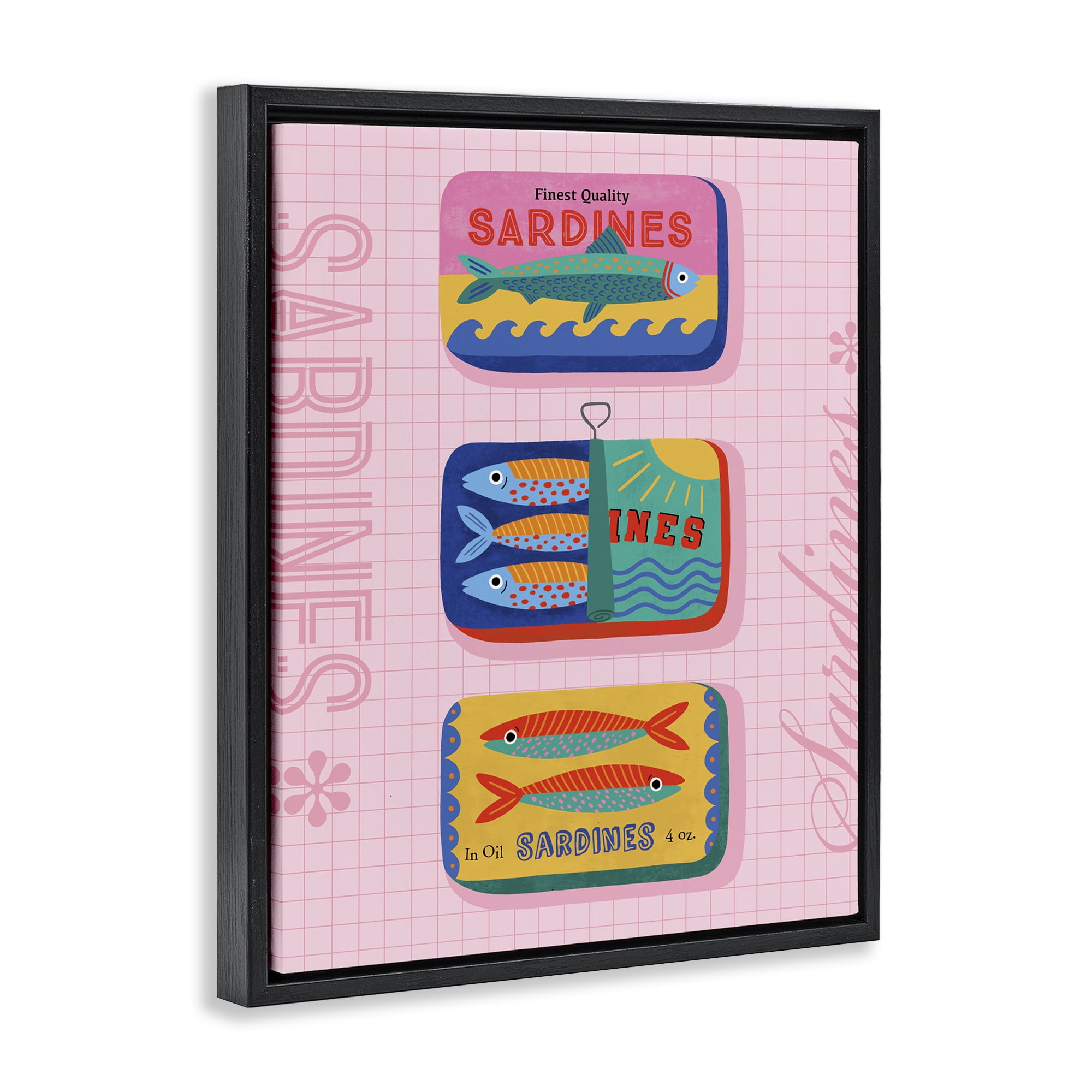 Stupell Industries Bright Sardine Can Designs Food & Beverage Painting Black Floater Framed Canvas Art Print Wall Art, 17 x 21