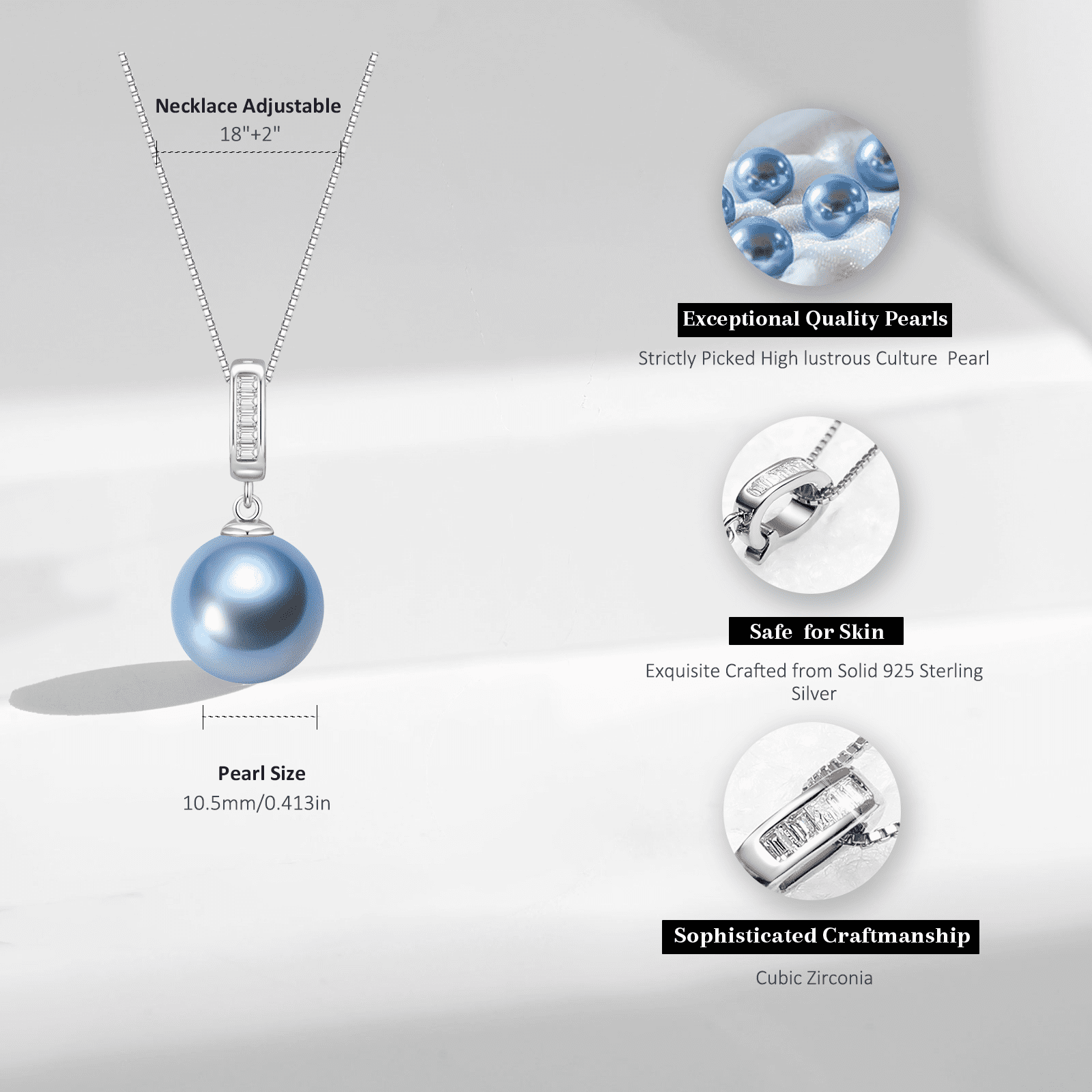 yami 10-11mm Blue Cultured Pearl Necklace 925 Sterling Silver 18+2In Pearl Jewelry Gift for Women