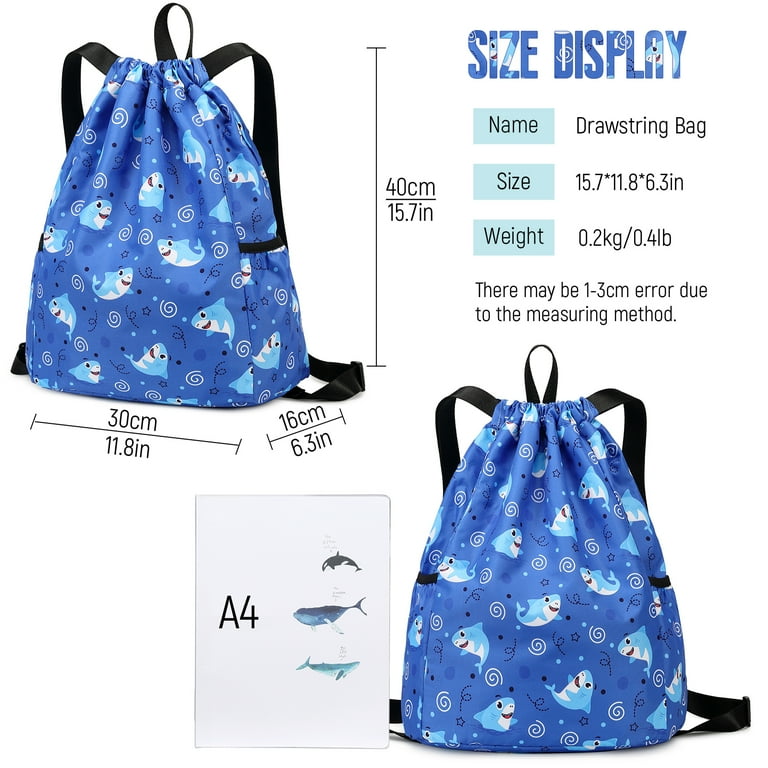 Mygreen Cute Shark Drawstring Backpack Waterproof Lightweight String Bag For Outdoor Yoga Gym Swimming Travel Light Blue