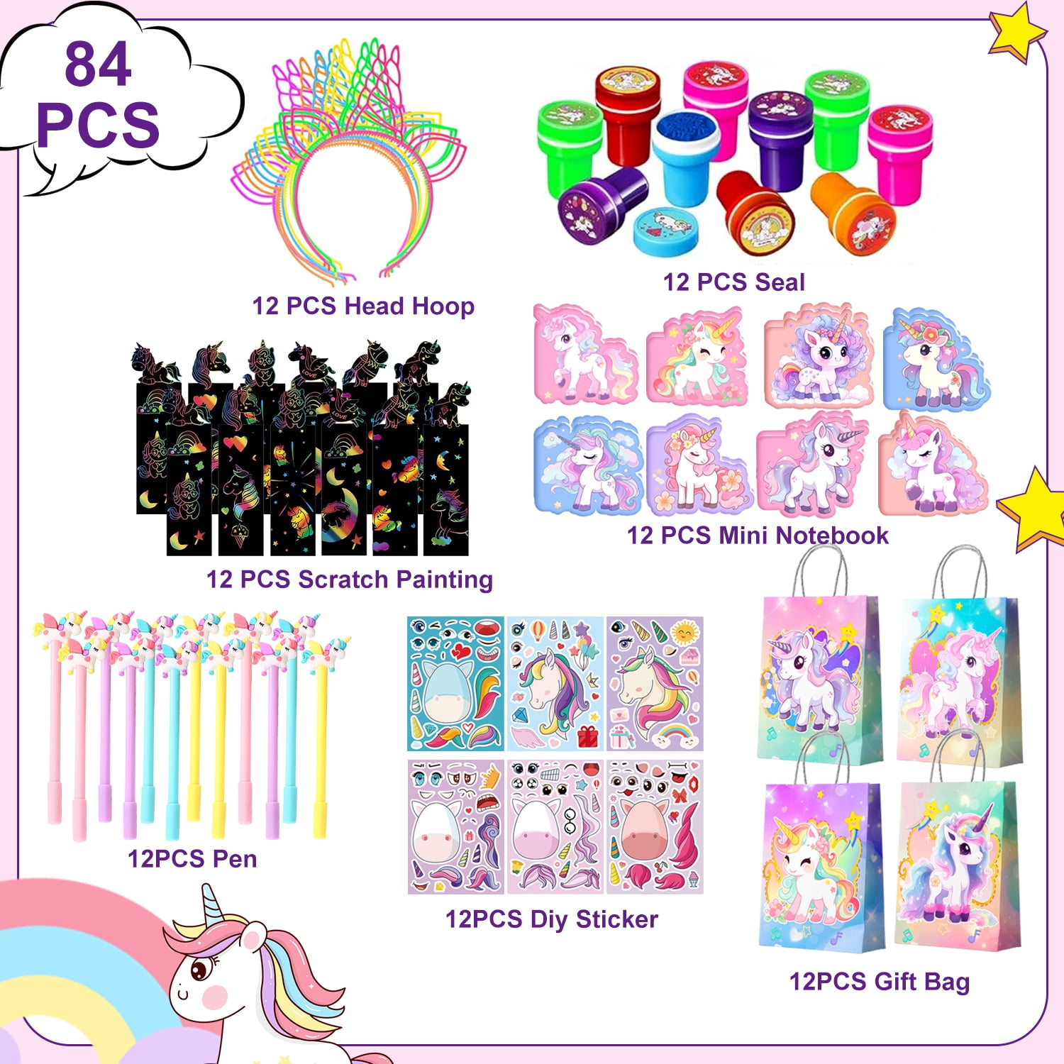 84Pcs Unicorn Birthday Party Favors Set, DIY Unicorn Decor Kit with Stickers, Bags, Pens, Notebooks and Scratch Cards for Birthday Party Supplies