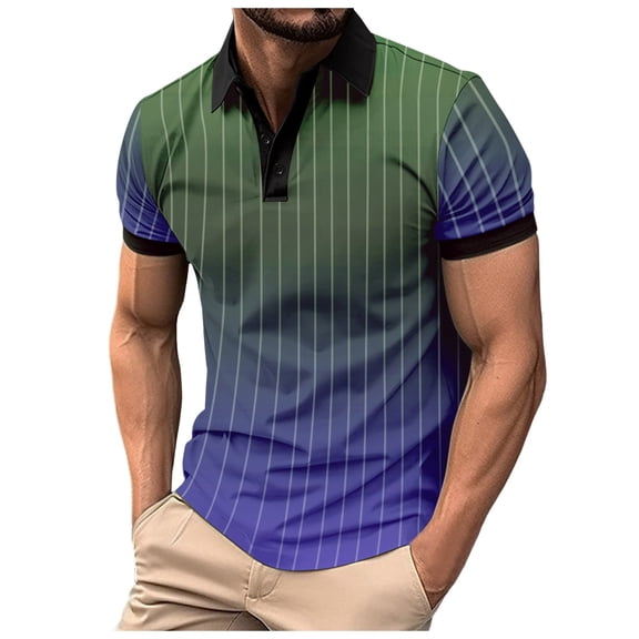 FUZHIQ Men's Polo Shirts Short Sleeve Gradient Vertical Striped Print Casual Golf Polo Breathable Soft Fabric Business Work Daily Wear Fashion Collared Shirt,L