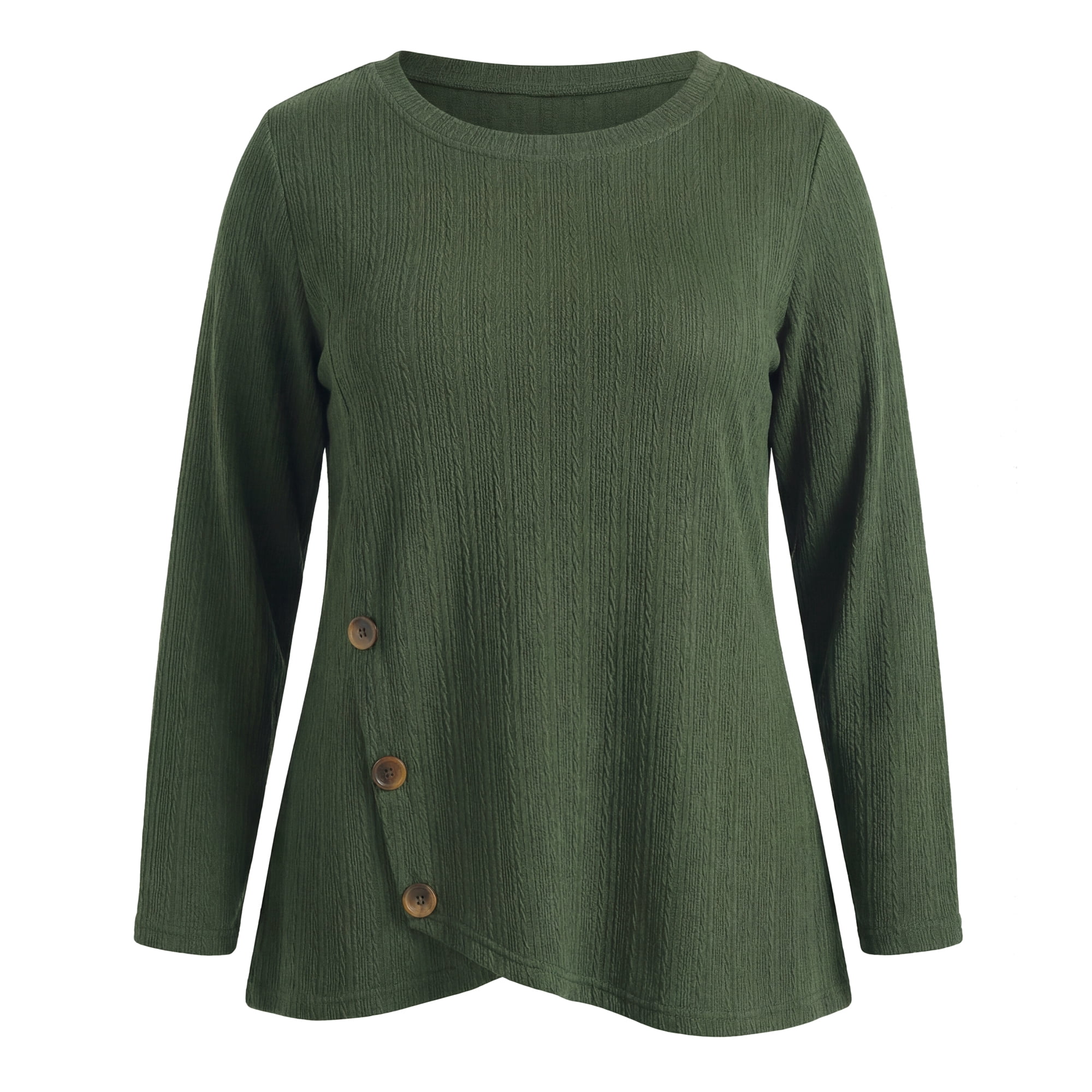 DARING DIVA Women's Plus Crew Neck Crossover Hem Long Sleeve 2X Army Green