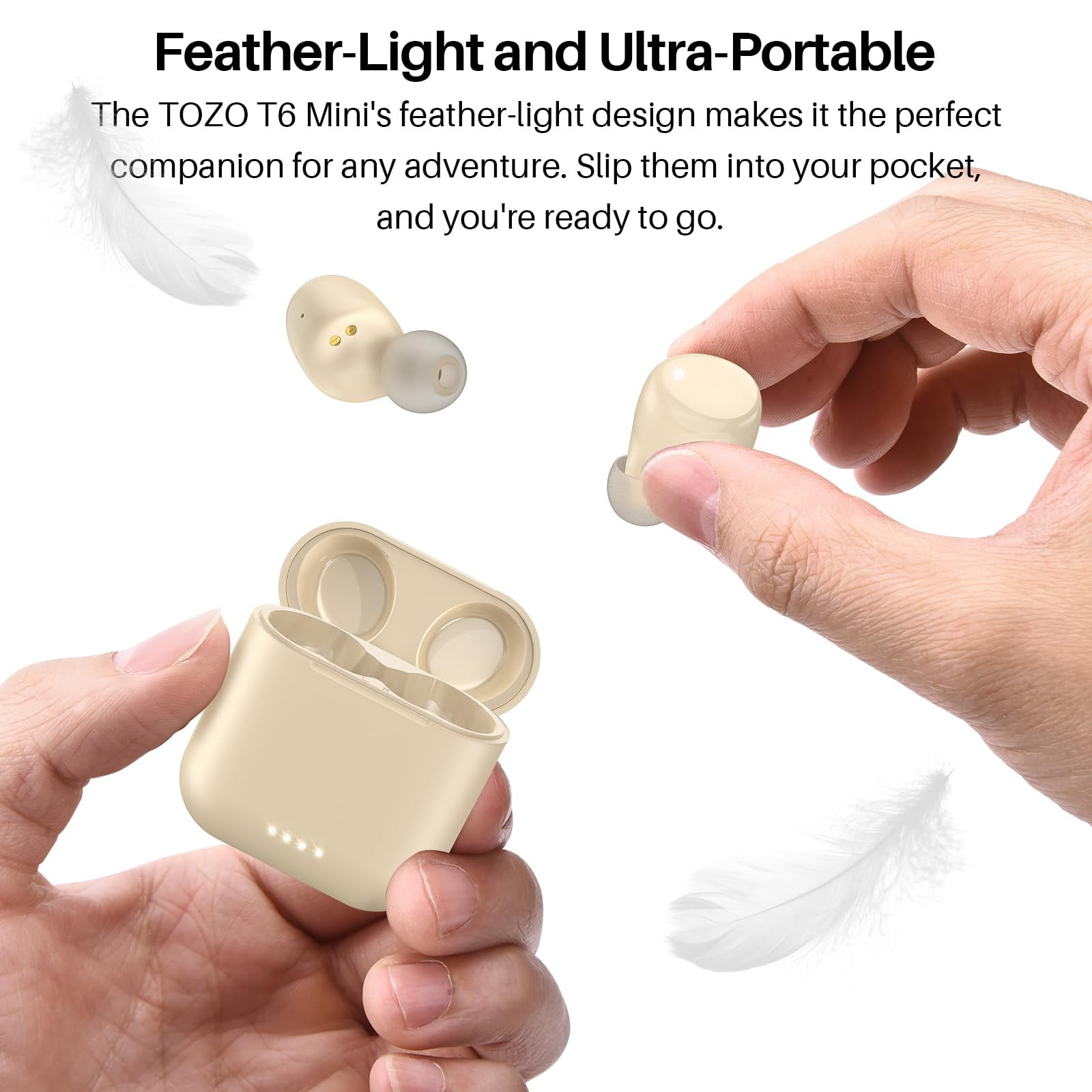 TOZO T6 Earbuds Bluetooth Headphones Bluetooth, 50H, AI Chat/Translation/Clear Mics, Stereo Bass, Wireless Charging, App-32EQ, IPX8 Waterproof Headphones, Champagne