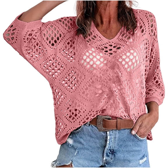 BSDJILFG Crochet Tops for Women 3/4 Batwing Sleeves Knit Cover Ups Sun Protection V-Neck Pullover Beach Cover Ups